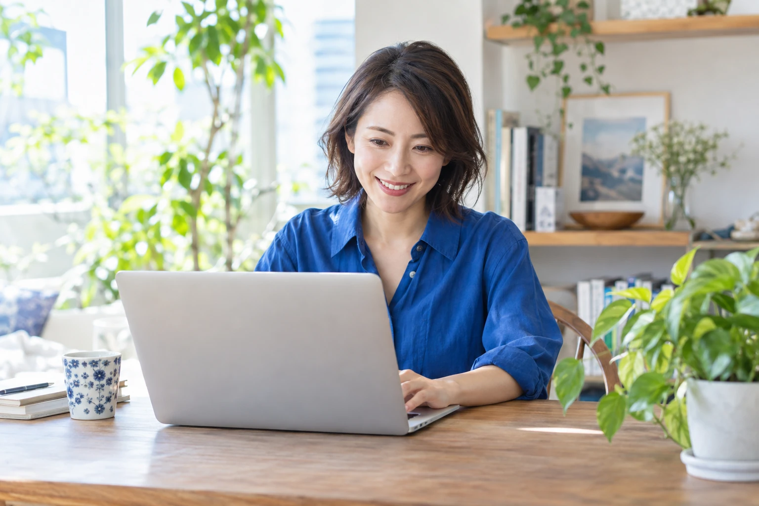 明るい部屋で笑顔でパソコンに向かう女性の学習イメージ