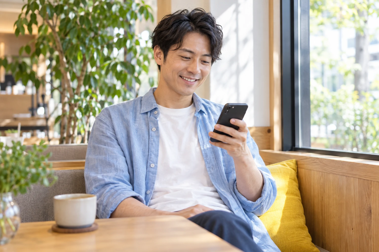 明るいカフェでスマートフォンを見ながら笑顔で学ぶ男性のイメージ